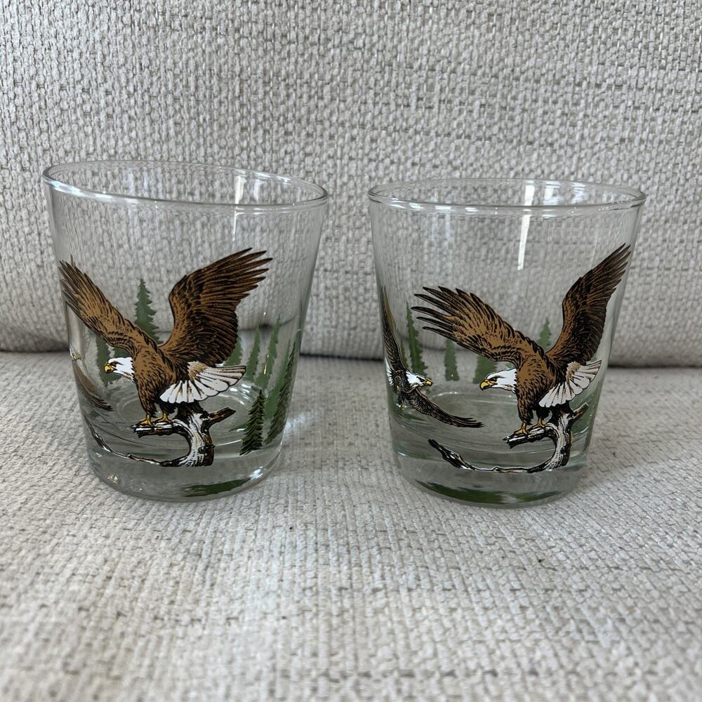 Vintage Wildlife Bald Eagles Woods Old Fashioned Whiskey Rocks Glass set of 2